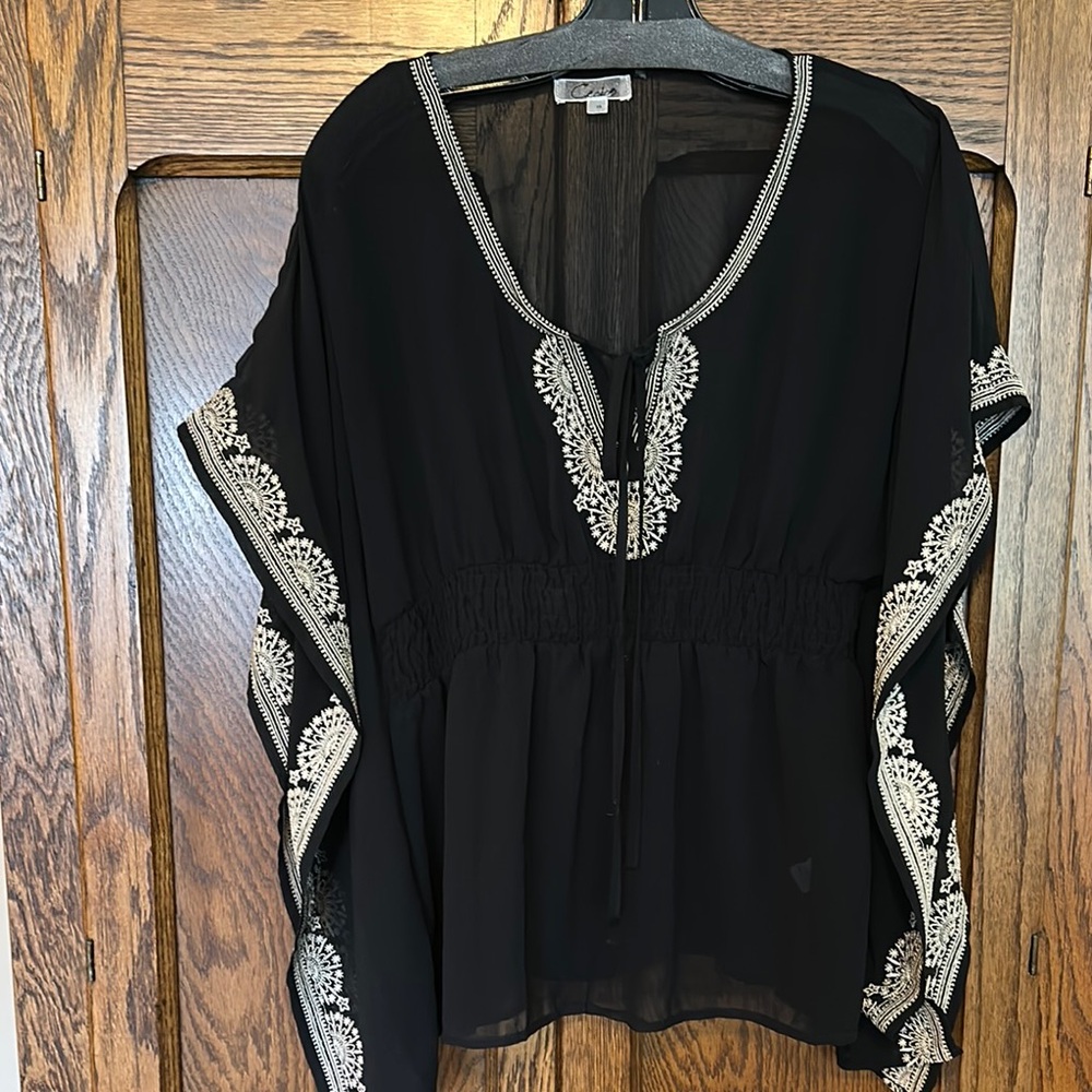 Cecico Black Blouse with White Embroidery